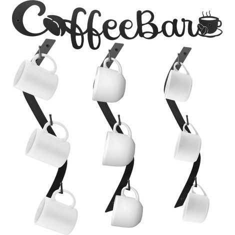 Support mural pour tasse à café avec étagère de bar incurvée en métal avec 9 crochets pour cuisine, bar, bureau, station d'angle, décoration (1/5)