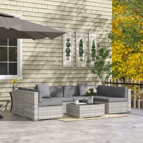 7-teiliges modulares Gartenmöbelset mit Couchtisch aus gehärtetem Glas und abnehmbaren Kissen, grau