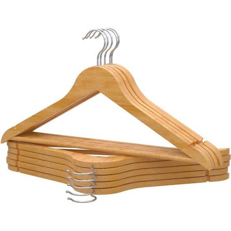 Cintres en Bois, Lot de 10, Naturel - Crochet Pivotant 360°, Encoches pour Robes et Chemisiers, Barre Antidérapante pour Pantalons, (1/5)