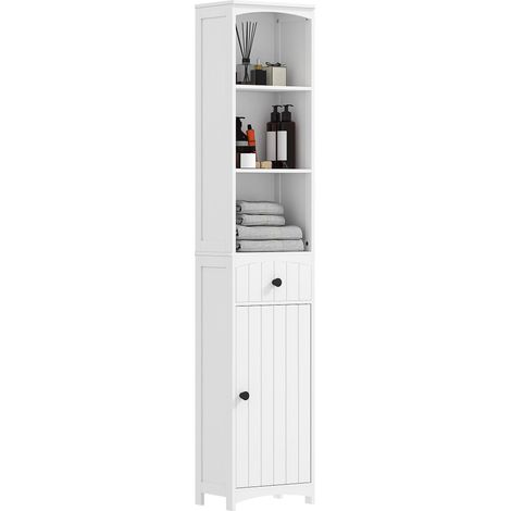 Meuble de salle de bain avec 3 étagères, 1 tiroir, robuste, MDF, blanc avec fonction de rangement et d'affichage idéal pour salon, chambre à coucher ou bureau