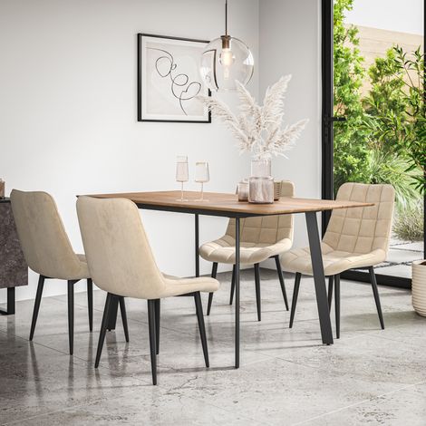 Haydon Extending Dining Table + Chairs- Oak Effect Table Top w Black Legs + Nova Velvet Dining Chair Set Of 6 (Beige) (1/5)