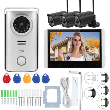 2.4G Sonnette vidéo sans fil 7 pouces TFT écran LCD badge RFID interphone visuel avec 3 caméras de sécurité vision nocturne 100-240V EU (1/5)