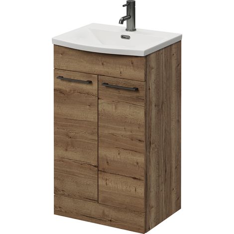 Napoli 390 Tobacco Oak 500mm 2 Door Vanity Unit with Arc Basin - 500mm - Gunmetal Grey 160mm Handle