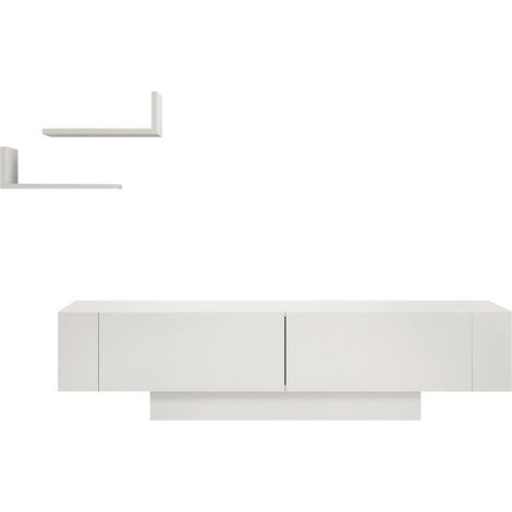 Ensemble meuble TV 2 portes blanc + 2 étagères murales - Otrine