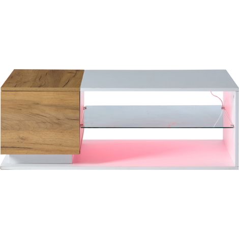 Table basse LED blanc laqué avec rangement et surface en verre trempé 105x50x36 cm (1/5)