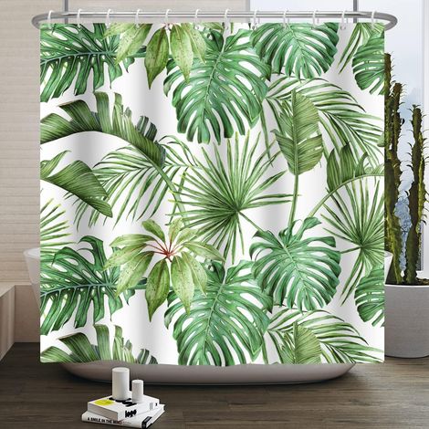 105x160cm Aquarelle Vert Feuilles de Palmier Rideau de Douche Été Tropical Plantes Botaniques de Bain Feuille de Banane Monstre Avec Crochets (1/4)