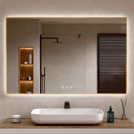 BELLOBATH - Espejo Baño con Luz Led Perimetral, Luz Ajustable en 3 Colores e Intensidad, Antivaho, Marco de aluminio Dorado - 80cm alto x 120cm ancho