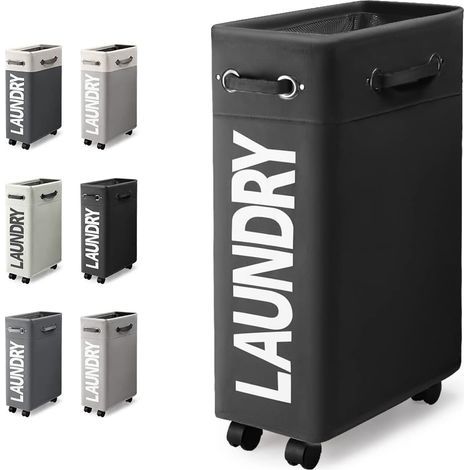 Cesto de ropa plegable y delgado de 45 litros con 4 ruedas, cesto de ropa delgado y plegable, contenedor de ropa rectangular para almacenamiento de ropa en el hogar (negro) (1/5)