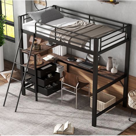 Letto a Castello 90x200 cm con Struttura Metallo e Legno Nero (1/5)