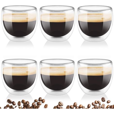 Tasse Expresso Double Paroi, Set de 6 Tasses à Café Latte 80ML, Tasse à Double Paroi Verre Transparent pour Verre a Cafe Latte Cappuccino Whisky et Eau (Lisse) (1/5)