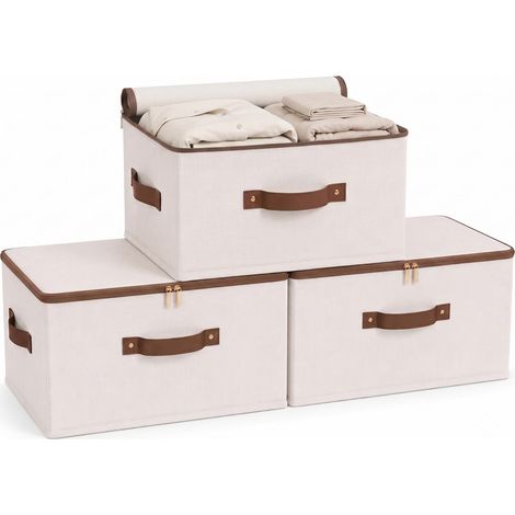 Set aus 3 stabilen Aufbewahrungsboxen mit Reißverschlussdeckeln, Aufbewahrungsboxen aus Baumwoll- und Leinenstoff, faltbare Regale, Kleideraufbewahrungswürfel mit Griffen für Kleiderschrank, Schrank ( (1/5)