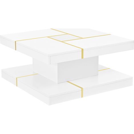 Tavolino da caffè quadrato a 2 livelli in truciolato bianco con dettagli oro 80x80x38 cm (1/5)