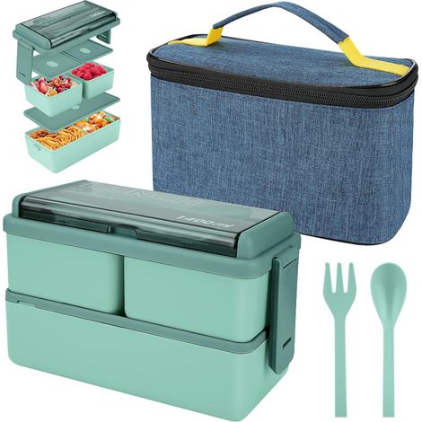 Lunch Box da 1400 ml con 3 scomparti - Bento Box a 2 strati con borsa termica e posate, contenitore per la preparazione dei pasti per adulti, bambini e studenti (verde)