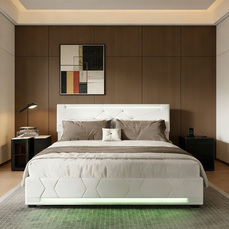 Lit coffre 140x190 cm, avec rangement hydraulique, Tête de lit réglable avec sommier LED et USB, Lit adulte, 2 places, Lin, Beige (1/5)