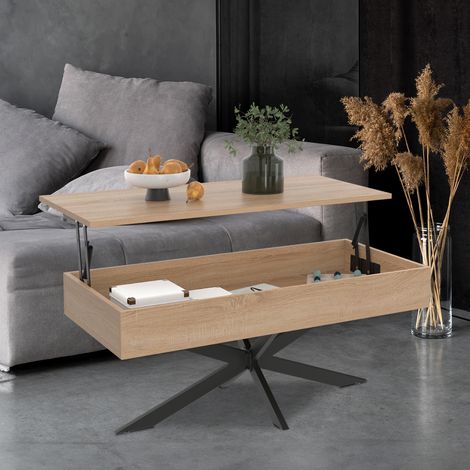 Mesa de centro rectangular ALIX de 100 cm con tablero elevable y patas de araña negras y de madera (1/5)