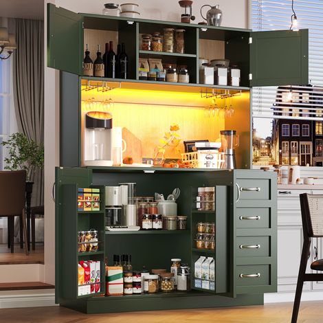 Credenza da Cucina con 4 Ante, Cassetti, Supporti per Bevande e LED, per Cucina, MDF, Verde, 120 x 40 x 188 cm
