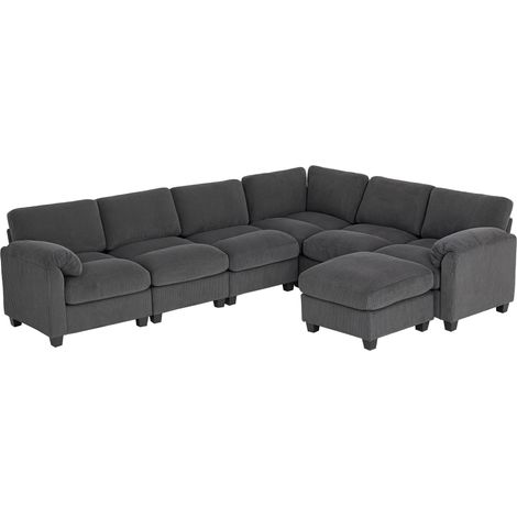 Ecksofa U-Form Sofa Couch mit Federpolsterung gepolsterte Armlehnen beweglicher Ottomane Cord 292x224x85 cm Dunkelgrau