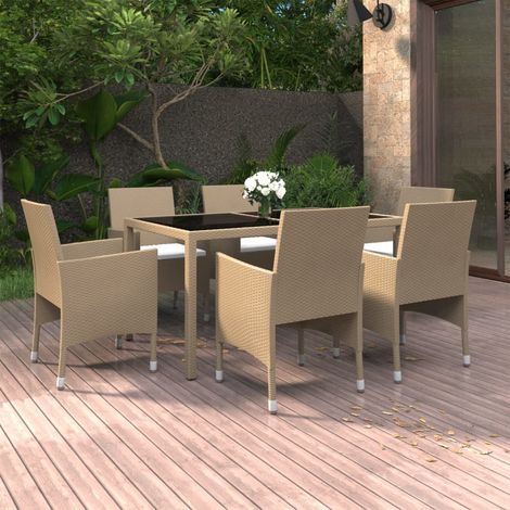 Set da Pranzo Giardino 7 pz Polyrattan e Vetro Temperato Beige vidaXL (1/5)