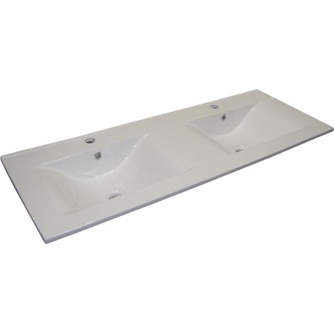 Plan double vasque céramique 121x46cm blanc – 2 cuves – Épaisseur 19mm – Trop plein intégré – À poser sur meuble sous vasque – Nova
