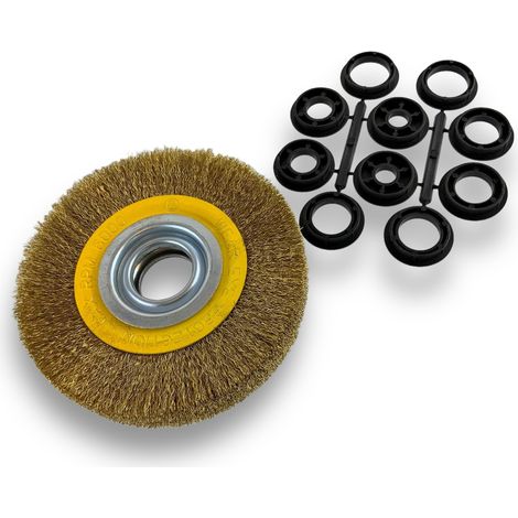 Brosse circulaire LAITON Ø 150 mm Epaisseur 3 rangs Fil souple 0.20 mm ondulé Alésage 32 mm + réducteur bague 25/22/20/16/12 mm Touret meuleuse affûteuse ponceuse Kibros 235153LV