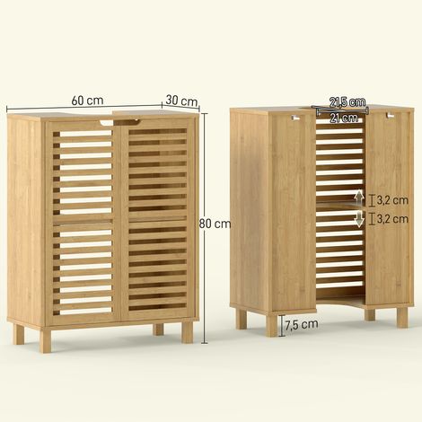 Meuble vasque de salle de bain, armoire de salle de bain avec portes à lattes, bois de bambou, étagères réglables, naturel (1/5)