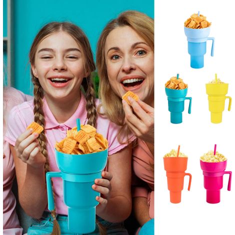 Gobelet à popcorn, gobelet à goûter, gobelet multifonctionnel, gobelet à motifs variés, emballage boîte blanche, orange. (1/5)