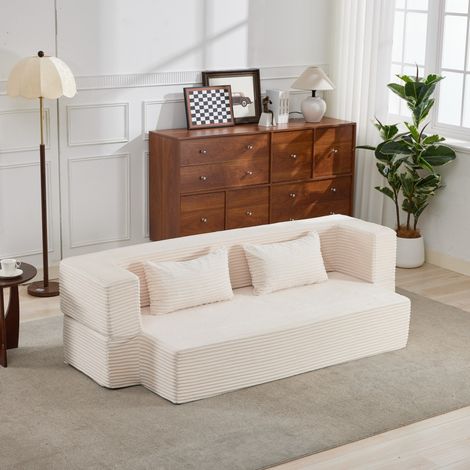 Canapé convertible 2 en 1 3 places, lit banquette modulaire gain de place, sans montage, tissu - beige (1/5)