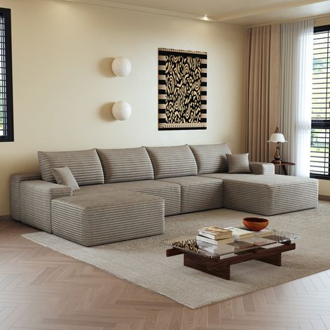 Divano angolare modulare, senza montaggio, chaise longue reversibile, tessuto corduroy, camel (1/5)