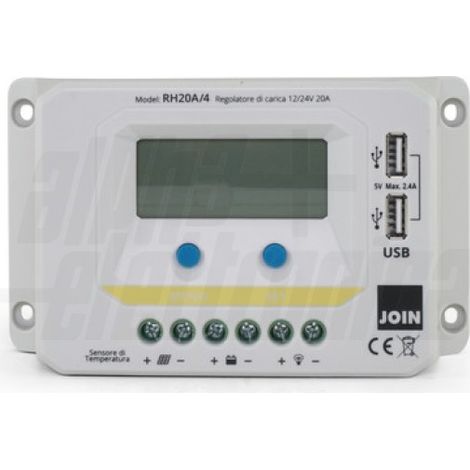 Regolatore di carica PWM 12/24V 20A con display, uscita USB 5V e crepuscolare configurabile