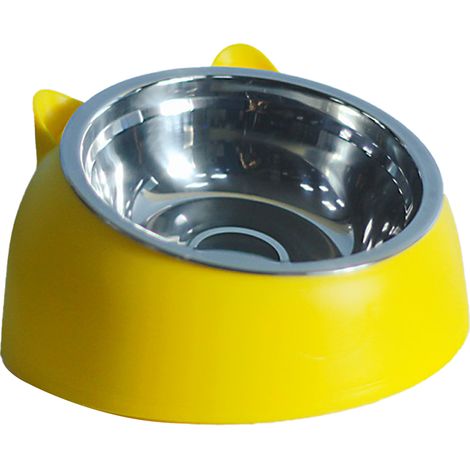 Gamelle double en acier inoxydable pour chat et chien, protection cervicale, bouche oblique - Jaune