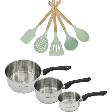 Lot de 3 casseroles en inox 12/16/20 cm Fackelmann Geneva avec 5 ustensiles de cuisine (1/5)