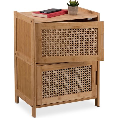 Relaxdays Beistellschrank, 2 Rattan-Türen, HBT: 56x42x30 cm, Wohnzimmer, Schlafzimmer, Flur, 2 Fächer, Nachttisch, natur