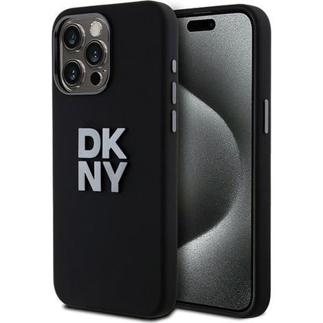 Custodia DKNY in silicone liquido con logo metallico per iPhone 15 Pro Max (nera) (1/5)