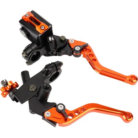 Modification de moto avec freins hydrauliques et levier d'embrayage, comportant une paire de coupelles d'huile métalliques orange à gauche et à droite. (1/5)