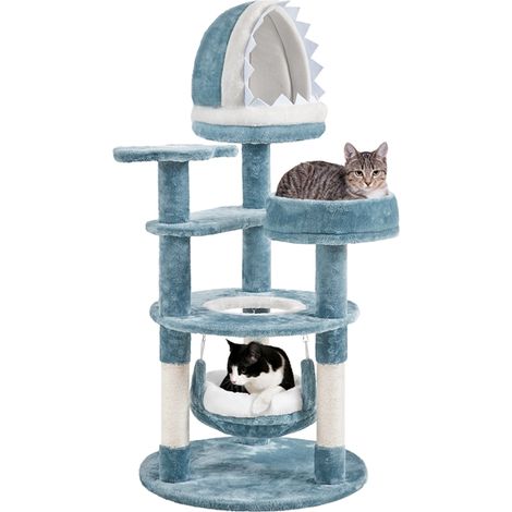 Yaheetech – Arbre à chat 115cm avec niche requin et hamac – Panneaux E1, sisal naturel – Pour 1-2 chats – Bleu/Blanc (1/5)