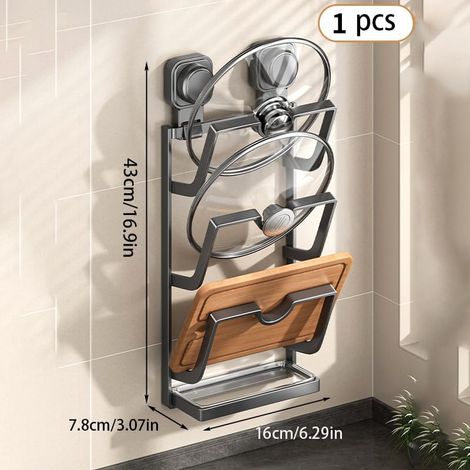 Porte-couvercles mural à 3 niveaux - structure en métal gris avec bac de récupération - 43 x 7,8 x 16 cm (1/3)