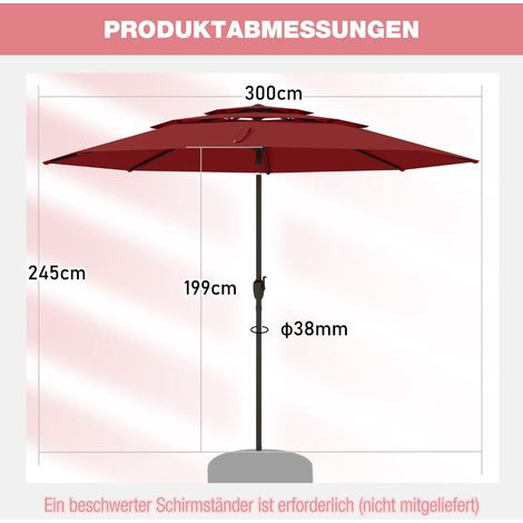 Windbeständiger Sonnenschirm für die Terrasse, 300 cm, neigbar und mit Kurbel, rot