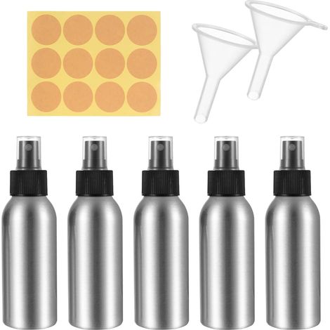 5 Pièces Flacon Spray Vide, 100ml Flacon Vaporisateur en Aluminium, Bouteille de Voyage Pompe Vide pour Huiles Essentielles Liquides Cosmétiques, avec 2 Entonnoirs, 1 Autocollant (1/5)