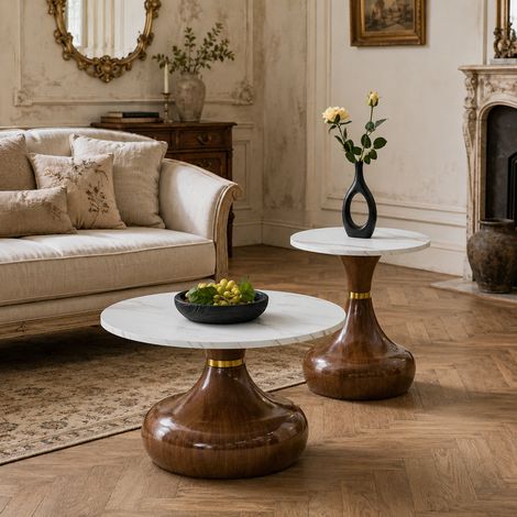 Tables basses rondes 2 pcs effet marbre noyer (1/5)