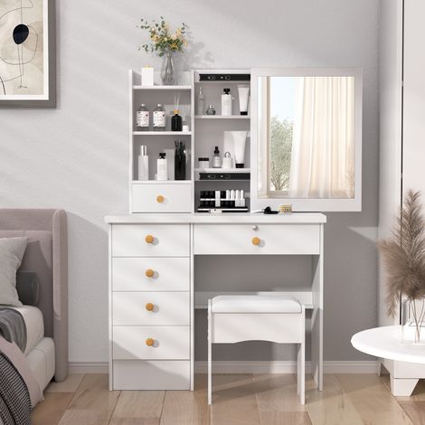FLASIDU Schminktisch mit weißem Spiegel, 6 Schubladen, ohne Hocker, 8040135cm (1/5)