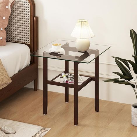 GOPLUS Table Basse en Verre Trempé, Table de Salon Rectangulaire à 2 Niveaux avec Étagère de Rangement, Vitré Style Moderne avec Pieds en Bois Massif, Charge 80+25KG (61x61x62CM) (1/5)