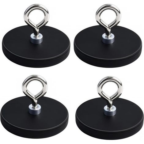 Lot de 4 crochets magnétiques extra puissants en néodyme caoutchoutés avec filetage M4, aimants de 43 mm à visser, crochets magnétiques pour lampes, véhicules, barres lumineuses, aimants en pot (1/5)