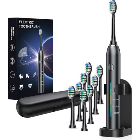 Brosse à dent électrique doux à ultrasons avec 5 modes de nettoyage 8 brossettes avec support et étui de voyage Noir (1/5)