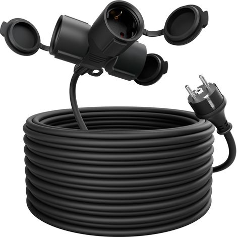 1 Rallonge électrique 20m, Câble caoutchouc IP44, 3 prises, 3500W, Extérieur jardin chantier