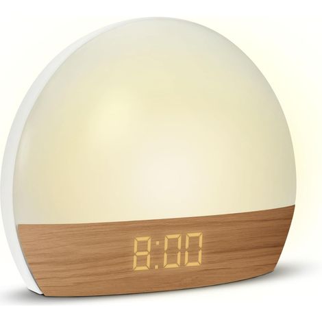 Réveil simulateur d'aube Lumiere Progressive sur Secteur - Luminothérapie Eclairage Blanc ou Couleur - Charge Port USB-A - Effet Naturel Bois (1/5)