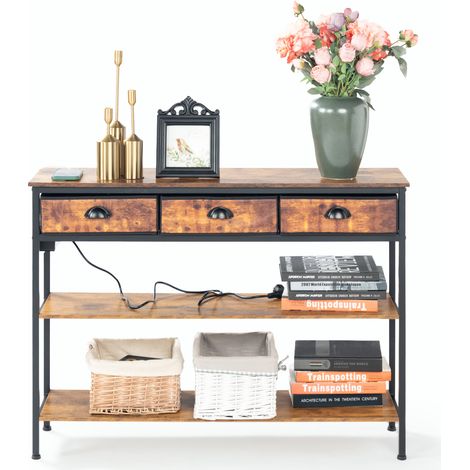FurnitureR Table basse console avec ports USB, prises électriques, table d'entrée pour salon, couloir, meuble multimédia avec 3 tiroirs et étagère de rangement, marron (1/5)