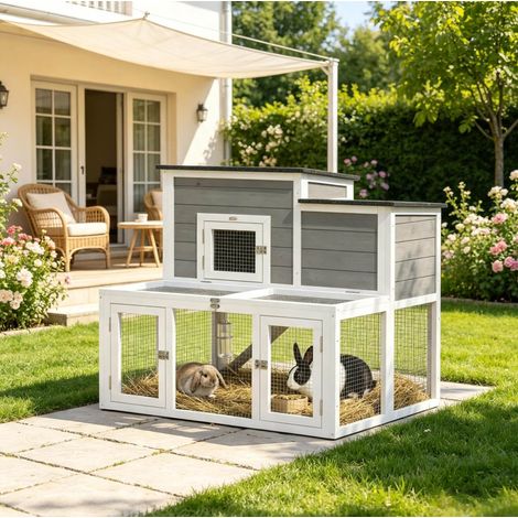 Clapier à 2 niveaux en bois avec enclos et toit imperméable 97 x 75,5 x 90 cm OKWISH (1/5)