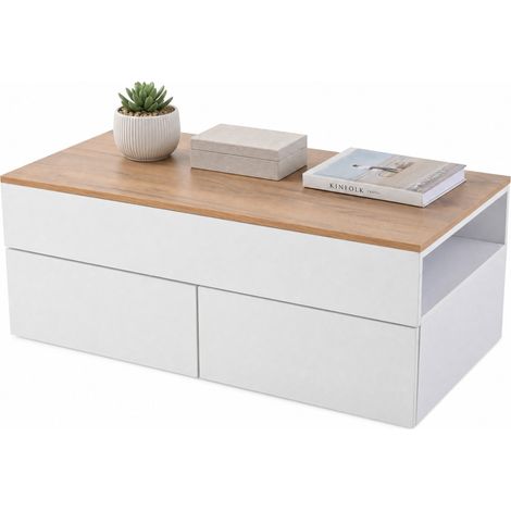 Table basse relevable 100 x 50 x 40 cm avec 2 tiroirs, rangement semi-ouvert et plateau élévateur, pour salon, bureau et repas, blanc et aspect bois  CHICFURN (1/5)