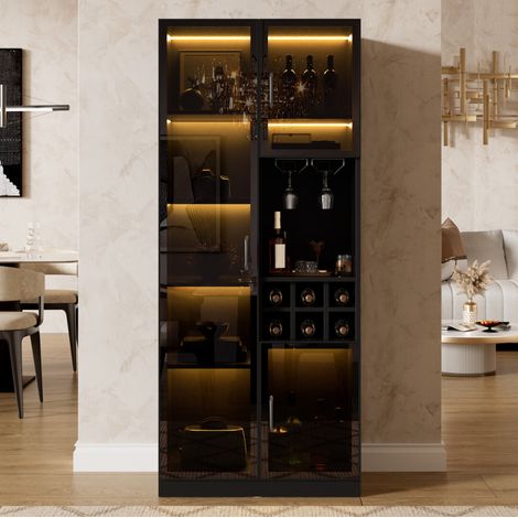 Vetrina 60x36x160 cm con LED controllabile tramite app, ante in vetro, porta bottiglie, MDF nero (1/5)