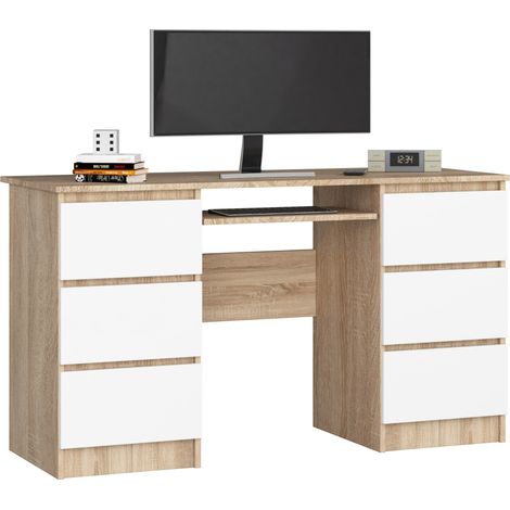 Akord – Bureau droit 135 cm – Chêne sonoma – 6 tiroirs – Façade blanche – Dimensions 135x50x77 cm – Tablette coulissante pour clavier (1/5)